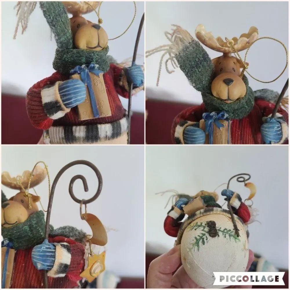 Vintage Fabric Mache Holiday Winter Christmas Ornaments Snowmen & Moose Set of 4